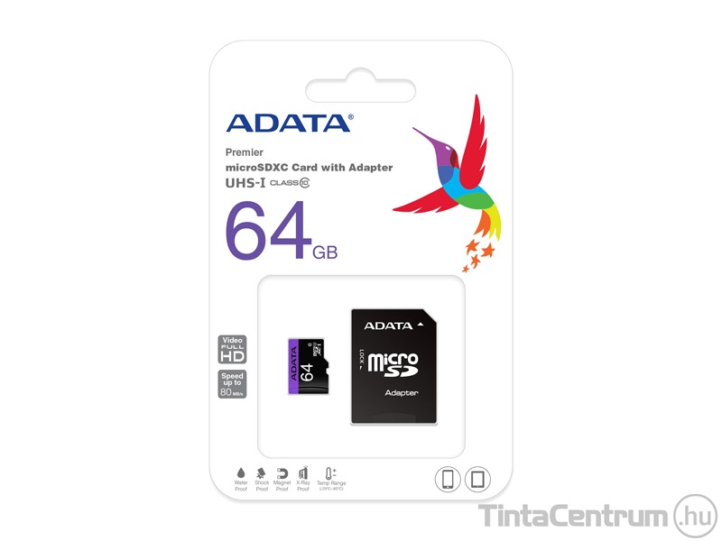 ADATA "Premier" microSDXC kártya, 64GB, CL10/U1 + adapter