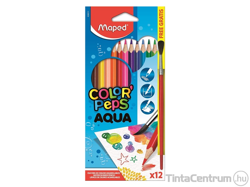 Akvarell ceruza készlet, háromszögletű, ecsettel, MAPED "Color`Peps", 12 különböző szín