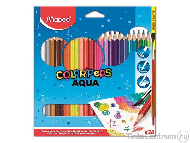 Akvarell ceruza készlet, háromszögletű, ecsettel, MAPED "Color`Peps", 24 különböző szín