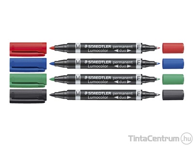 Alkoholos marker készlet, tűhegy/kúpos, 0,6/1,5mm, F/M, kétvégű, STAEDTLER "Lumocolor Duo", 4 különböző szín