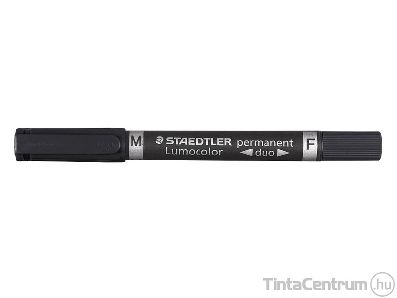 Alkoholos marker, tűhegy/kúpos, 0,6/1,5mm, F/M, kétvégű, STAEDTLER "Lumocolor Duo", fekete