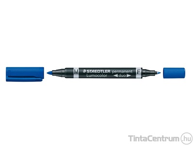 Alkoholos marker, tűhegy/kúpos, 0,6/1,5mm, F/M, kétvégű, STAEDTLER "Lumocolor Duo", kék