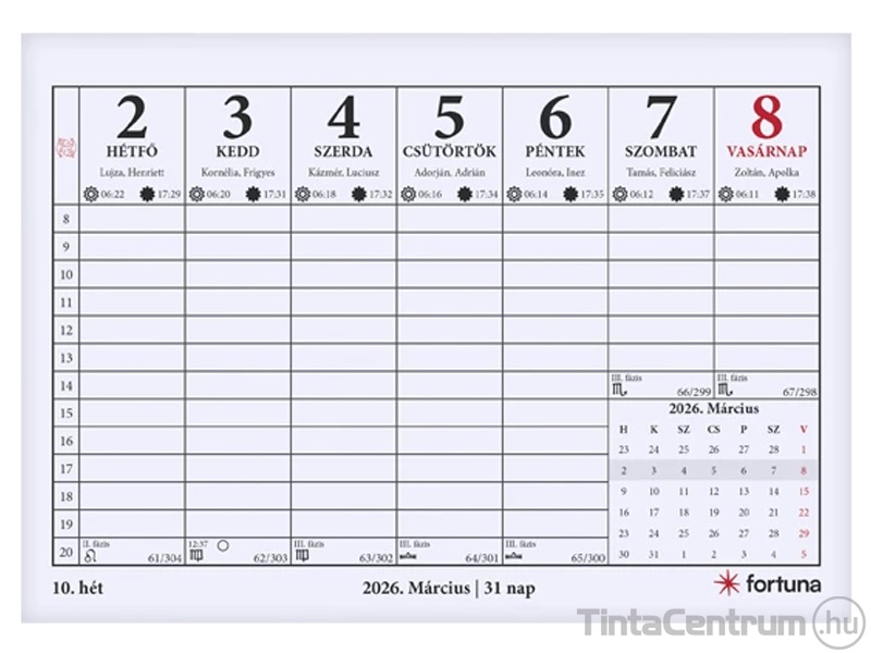 Asztali naptár, álló, 190x134mm, holdfázissal, FORTUNA "23TA" (2026 évi)