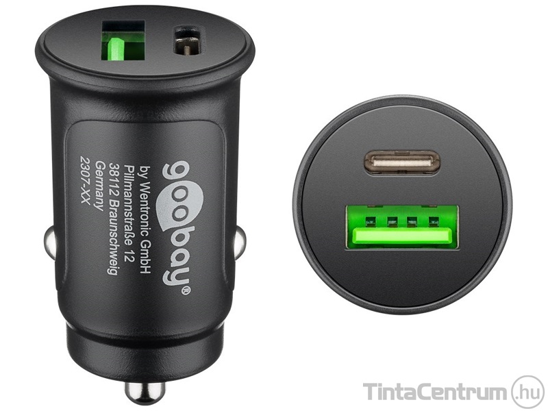 Autós töltő, 1xUSB - 1xUSB-C, 27W, GOOBAY, fekete