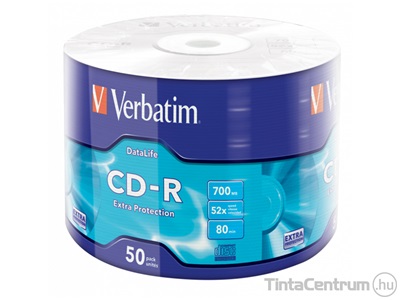 CD-R lemez, 700MB, 52x, zsugor csomagolás, VERBATIM "DataLife" 50db/csomag