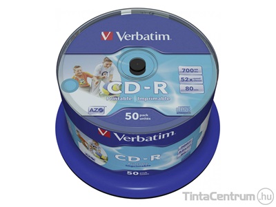 CD-R lemez, nyomtatható, AZO, 700MB, 52x, hengeren, VERBATIM 50db/csomag