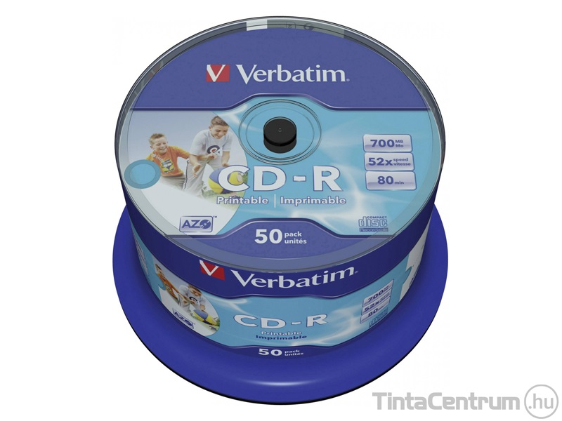 CD-R lemez, nyomtatható, AZO, 700MB, 52x, hengeren, VERBATIM 50db/csomag