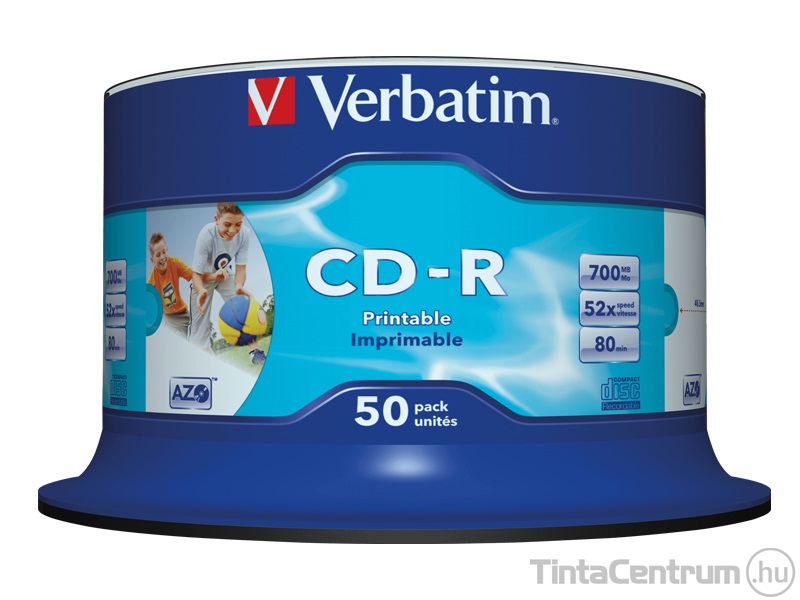 CD-R lemez, nyomtatható, AZO, 700MB, 52x, hengeren, VERBATIM 50db/csomag