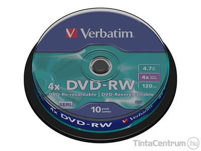 DVD-RW lemez, újraírható, 4,7GB, 4x, hengeren, VERBATIM 10db/csomag