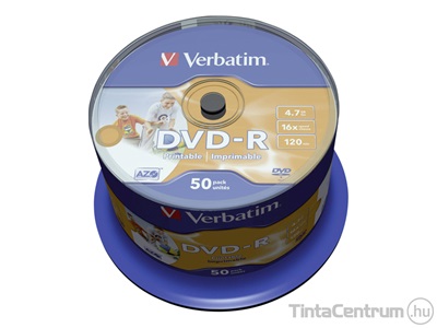 DVD-R lemez, nyomtatható, 4,7GB, 16x, hengeren, VERBATIM 50db/csomag