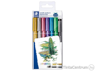 Dekormarker készlet, kúpos, 1-2mm, STAEDTLER, 6 különböző metál szín, ajándék fekete tusfilccel