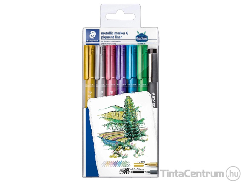 Dekormarker készlet, kúpos, 1-2mm, STAEDTLER, 6 különböző metál szín, ajándék fekete tusfilccel