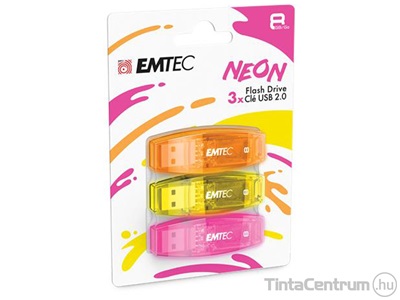 EMTEC pendrive, 8GB, USB 2.0, "C410 Color", narancs, citromsárga, rózsaszín, 3db/csomag