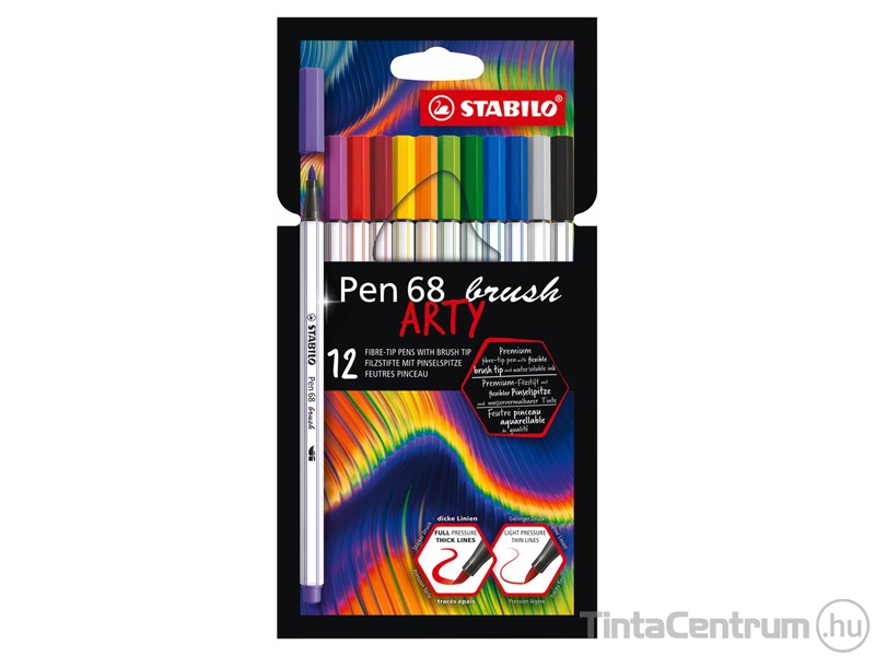 Ecsetirón készlet, 0,4mm, STABILO "Pen 68 brush ARTY", 12 különböző szín