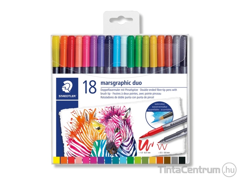 Ecsetirón készlet, 0,5-0,8/1,0-6,0mm, kétvégű, STAEDTLER "Marsgraphic Duo", 18 különböző szín