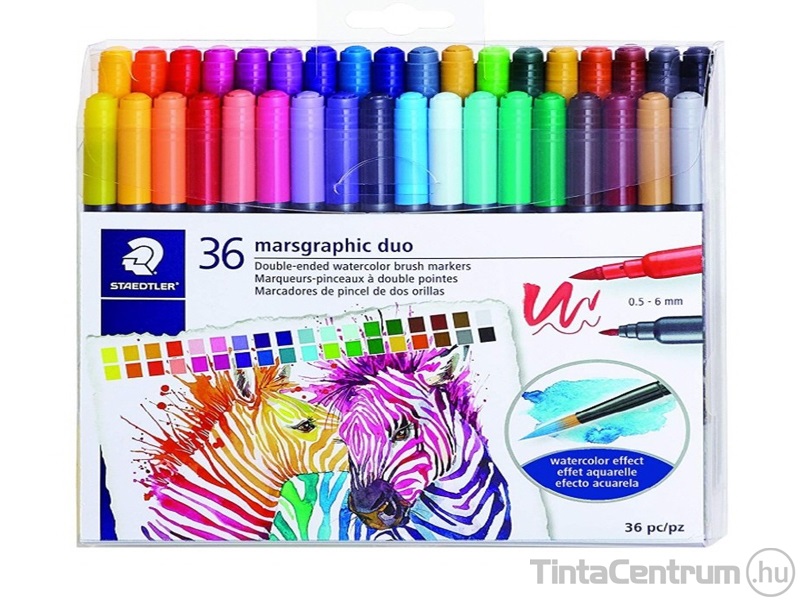 Ecsetirón készlet, 0,5-0,8/1,0-6,0mm, kétvégű, STAEDTLER "Marsgraphic Duo", 36 különböző szín