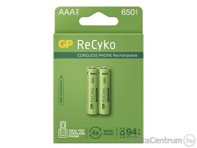 Elem, AAA mikro, 650mAh, tölthető, GP "ReCyko" 2db/csomag