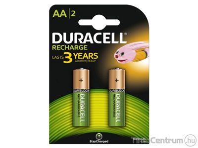 Elem, AA ceruza, 1300mAh, tölthető, előtöltött, DURACELL "StayCharged" 2db/csomag