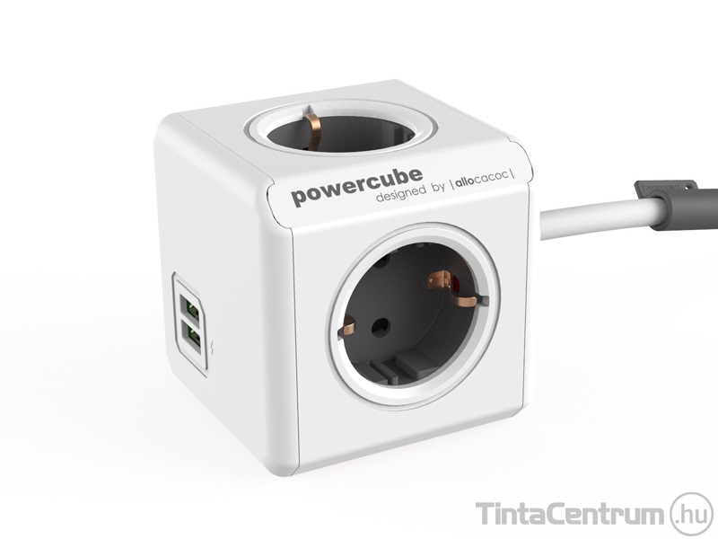 Elosztó, 4 aljzat, 2 USB csatlakozó, 1,5m kábelhossz, ALLOCACOC "PowerCube Extended USB DE", fehér-szürke