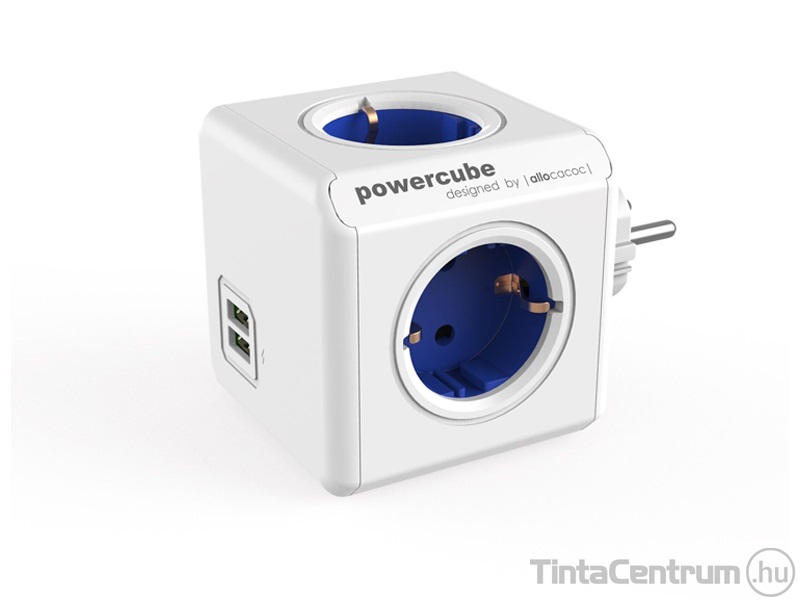 Elosztó, 4 aljzat, 2 USB csatlakozó, ALLOCACOC "PowerCube Original USB DE", fehér-kék