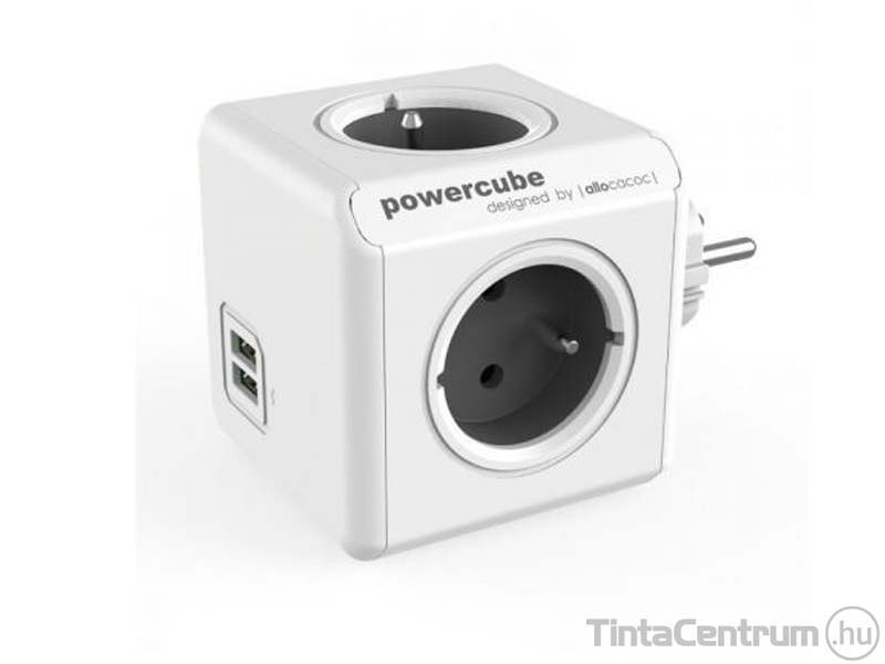 Elosztó, 4 aljzat, 2 USB csatlakozó, ALLOCACOC "PowerCube Original USB DE", fehér-szürke