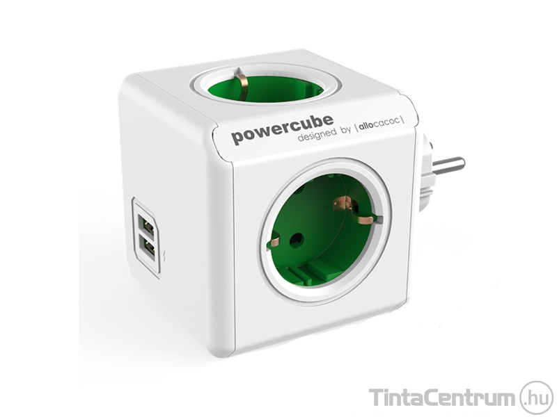 Elosztó, 4 aljzat, 2 USB csatlakozó, ALLOCACOC "PowerCube Original USB DE", fehér-zöld