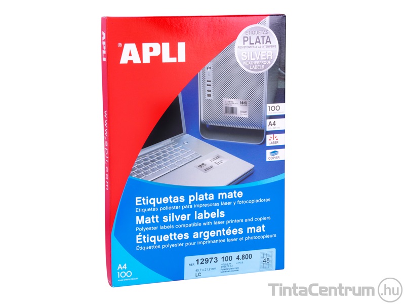 Etikett, lézer, 45,7x21,2mm, kerekített, poliészter, időjárásálló, ezüst, 4 pályás, 48címke/lap, APLI 100lap/csomag