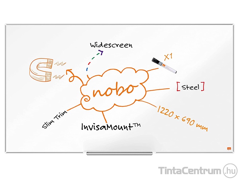 Fehértábla, mágneses, NanoClean™ felületű, alumínium keretes, széles képarány, 122x69cm, NOBO "Impression Pro"