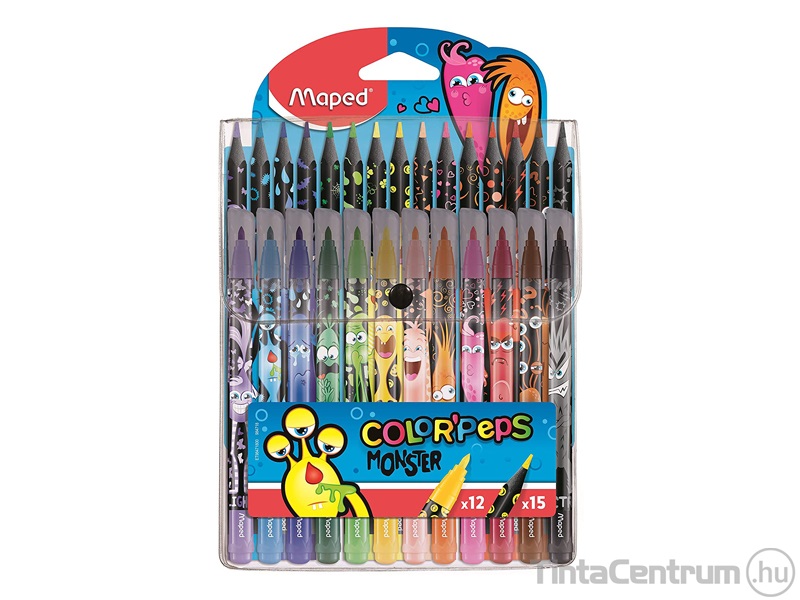 Filctoll- és színes ceruza készlet, MAPED "Color`Peps Monster", 12+15 különböző szín