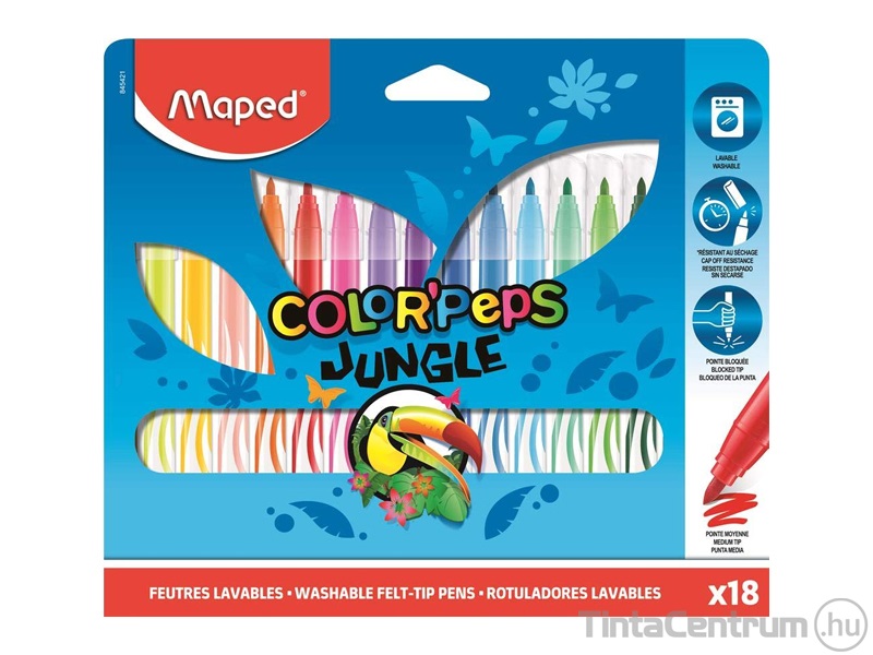 Filctoll készlet, 2,8mm, kimosható, MAPED "Color`Peps Jungle", 18 különböző szín