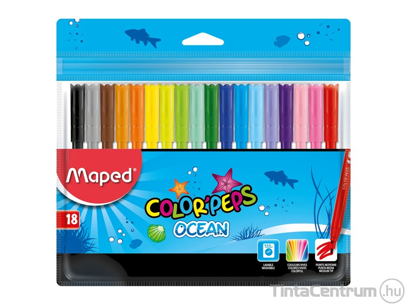 Filctoll készlet, 2mm, kimosható, MAPED "Color`Peps Ocean", 18 különböző szín