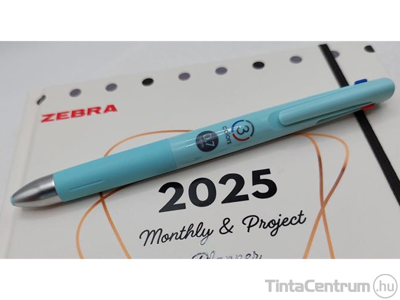 Golyóstoll, 0, 24 mm, nyomógombos, háromszínű, kékeszöld tolltest, ZEBRA  "bLen 3C"