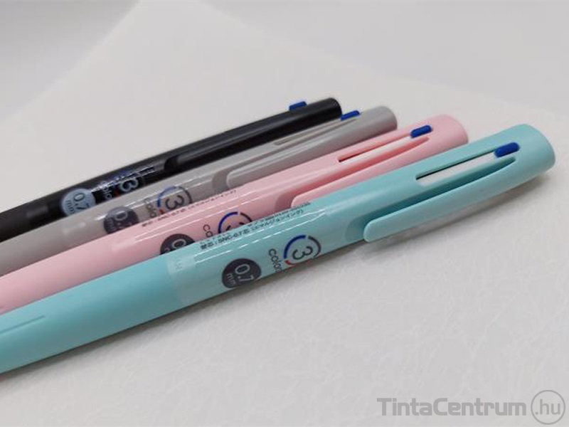 Golyóstoll, 0,24 mm, nyomógombos, háromszínű, rózsaszín test,  ZEBRA "bLen 3C"