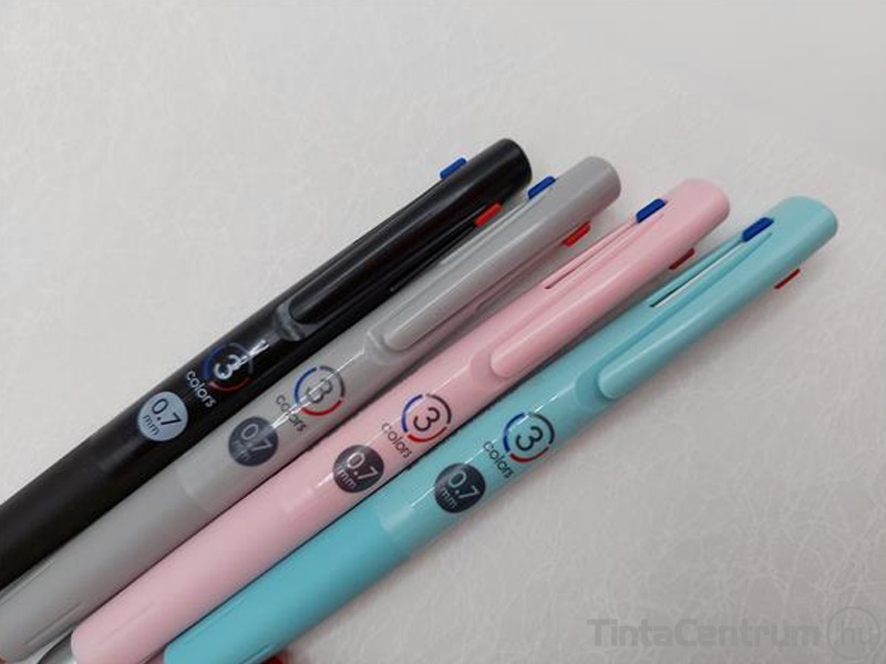 Golyóstoll, 0,24 mm, nyomógombos, háromszínű, szürke tolltest, ZEBRA  "bLen 3C"