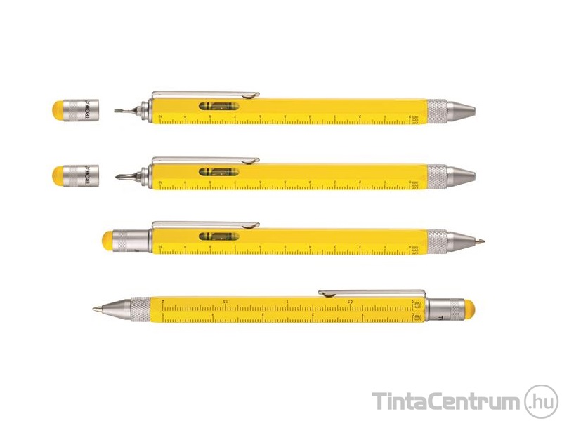 Golyóstoll, 1mm, multifunkciós, sárga tolltest, érintőképernyőhöz, TROIKA "Construction", fekete