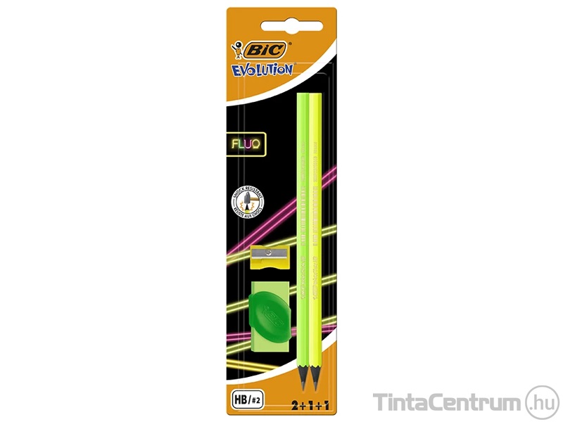 Grafitceruza, HB, hatszögletű, hegyezővel, radírral, BIC "Eco Evolution Black", Fluo, 2db/csomag