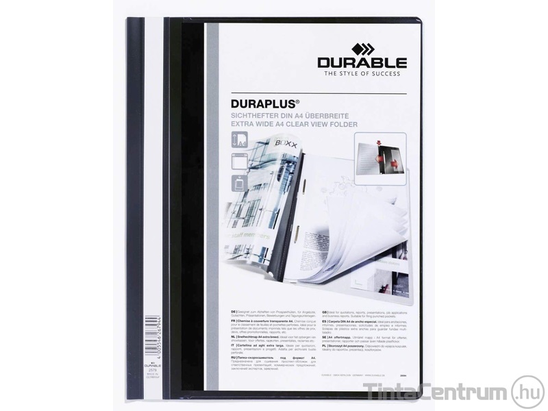 Gyorsfűző, A4, műanyag, széles, panorámás, DURABLE "DURAPLUS®", fekete