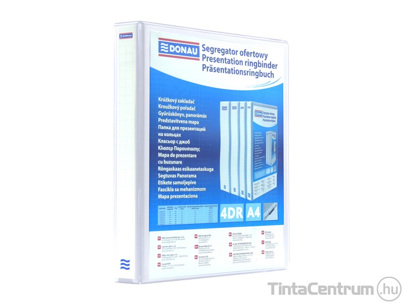 Gyűrűskönyv, A4, 80mm, 4 gyűrűs, D alakú, panorámás, műanyag, DONAU, fehér