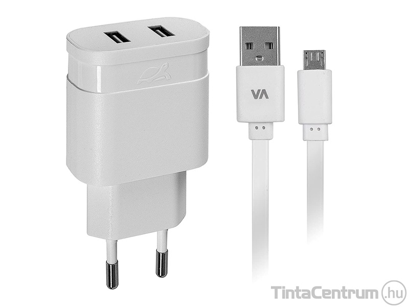 Hálózati töltő, 2xUSB, 2,4A, micro USB kábellel, RIVACASE "VA 4122 WD1", fehér