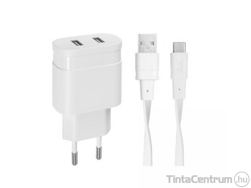 Hálózati töltő, 2xUSB, 3,4A, USB-C kábellel, RIVACASE "PS4123", fehér