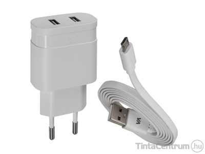 Hálózati töltő, 2xUSB, 3,4A, micro USB kábellel, RIVACASE "VA 4123 WD1", fehér