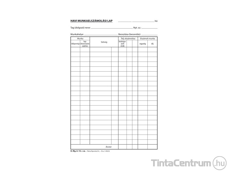 Havi munkaelszámolás szabadlap, A4, fekvő, D.MG.6-14