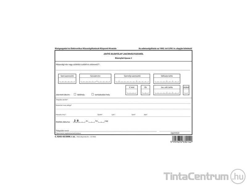 Javító jelentőlap lakcímváltozásról, A5, fekvő, C.0243-63/2006