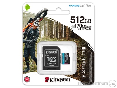 KINGSTON "Canvas Go Plus" microSDXC kártya, 512GB, CL10/U3/V30/A2 + adapter