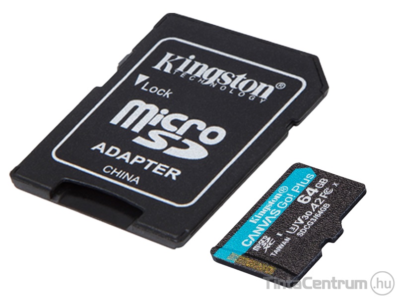 KINGSTON "Canvas Go Plus" microSDXC kártya, 64GB, CL10/U3/V30/A2 + adapter