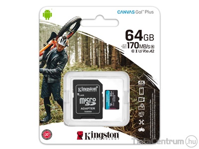 KINGSTON "Canvas Go Plus" microSDXC kártya, 64GB, CL10/U3/V30/A2 + adapter