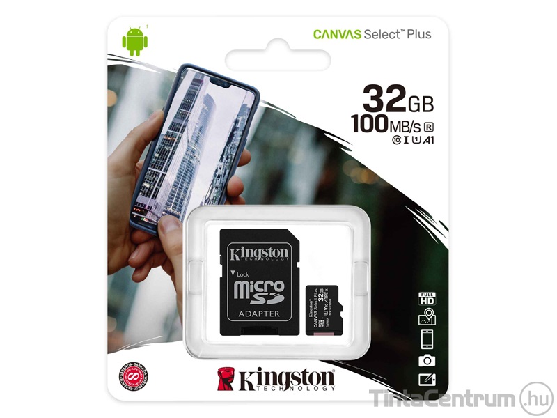 KINGSTON "Canvas Select Plus" microSDHC kártya, 32GB, CL10/U1/A1 + adapter