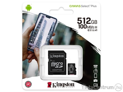 KINGSTON "Canvas Select Plus" microSDXC kártya, 512GB, CL10/U1/A1 + adapter