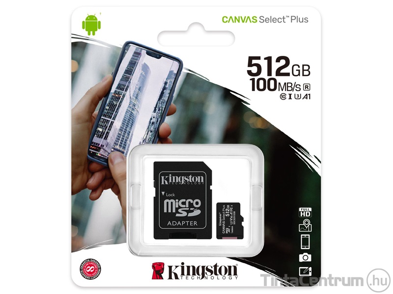 KINGSTON "Canvas Select Plus" microSDXC kártya, 512GB, CL10/U1/A1 + adapter