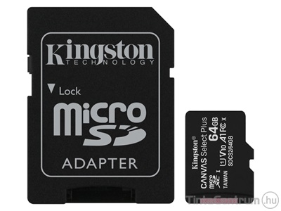 KINGSTON "Canvas Select Plus" microSDXC kártya, 64GB, CL10/U1/A1 + adapter